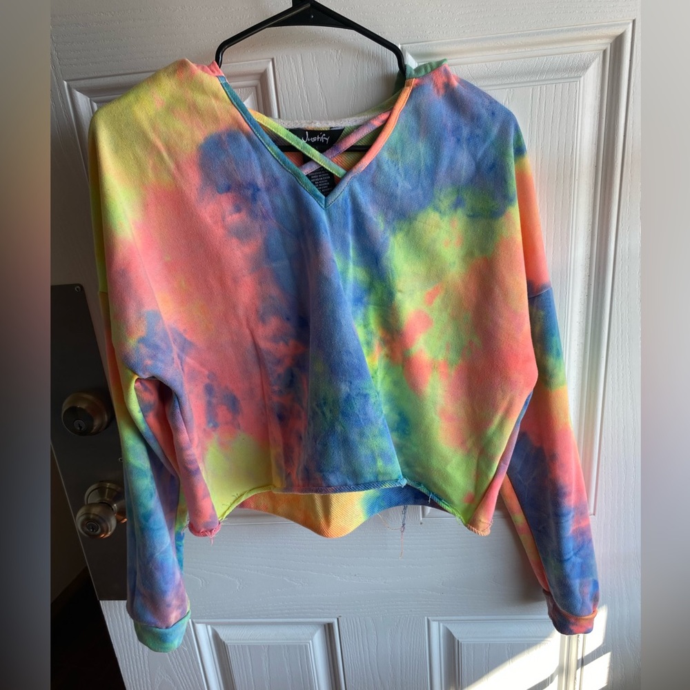 Rainbow tie-dye long sleeve crop top with a hood